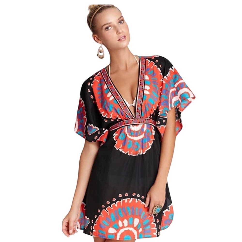 Trina Turk‎ Yukateca Swimsuit Cover Up Black Multicolor Boho Tunic Medium
